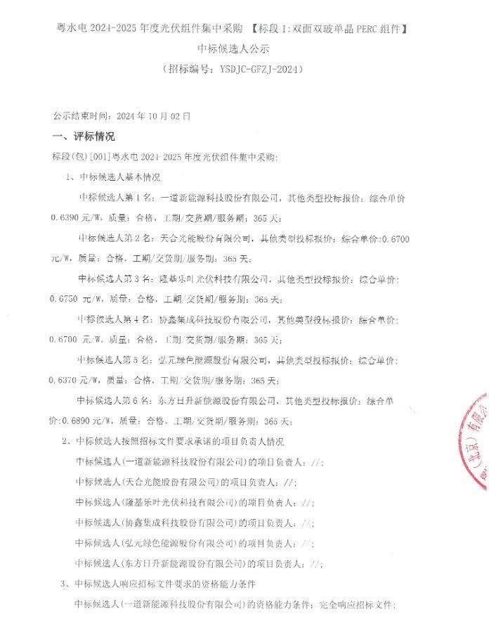 最低0.635元/W！粤水电4GW组件集采中标候选公示，含100MW BC、400MW HJT