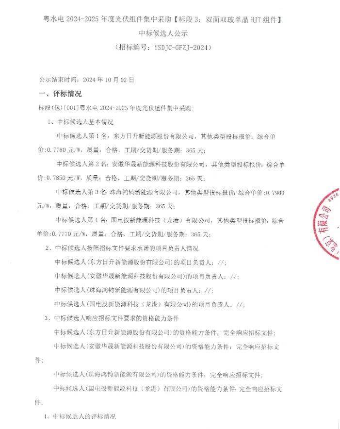 最低0.635元/W！粤水电4GW组件集采中标候选公示，含100MW BC、400MW HJT
