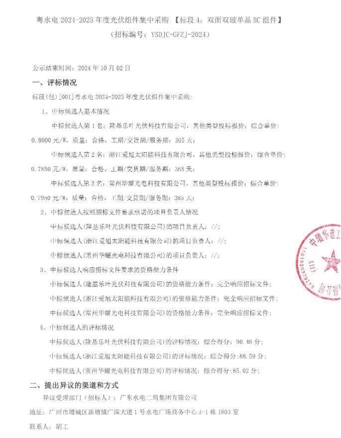 最低0.635元/W！粤水电4GW组件集采中标候选公示，含100MW BC、400MW HJT
